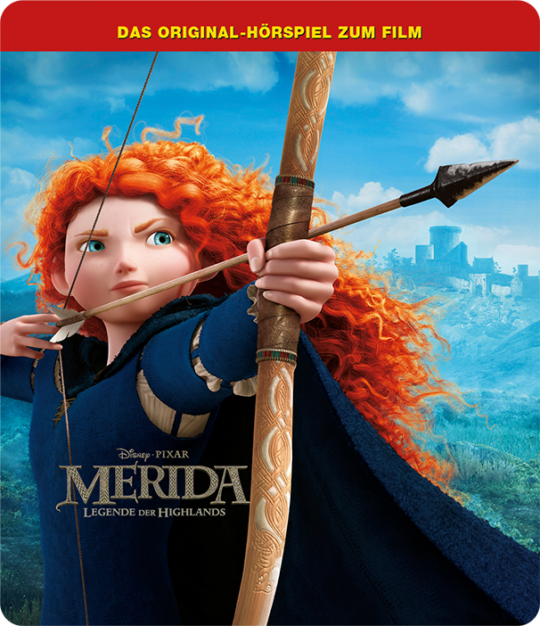 Merida, rote Haare, zielt mit einem Bogen. Sie trägt blaue Kleidung. Im Hintergrund ist eine Burg.