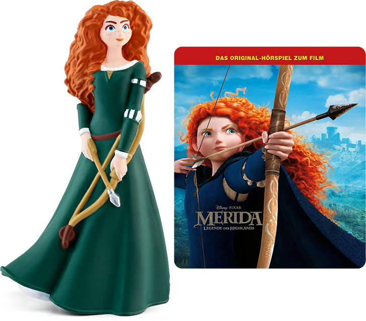 Merida-Puppenfigur mit Pfeil und Bogen, Filmplakat im Hintergrund.