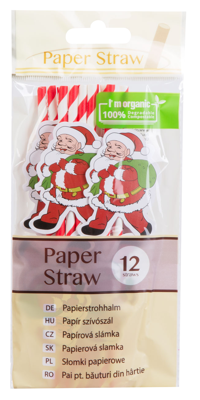 Egy csomag piros-fehér csíkos papírszívószál Mikulás matricákkal.