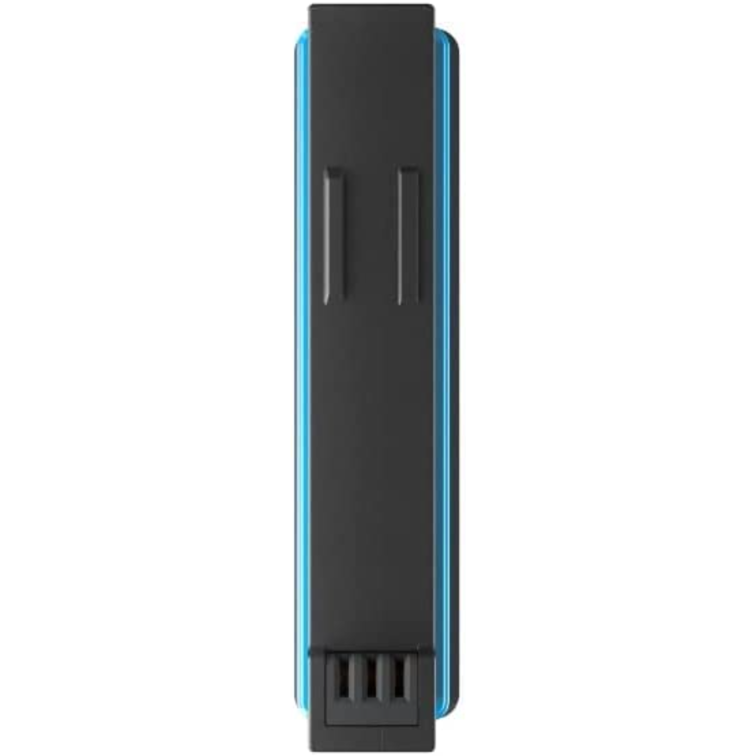 Black and blue battery pack with a blue outline. The back has two indents.