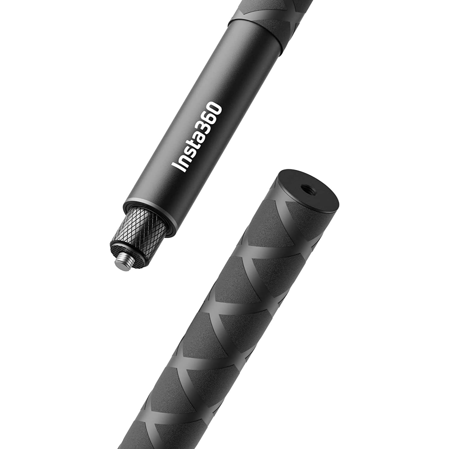 Black Insta360 selfie stick, two parts visible. Top: Insta360 text. Bottom: textured handle.