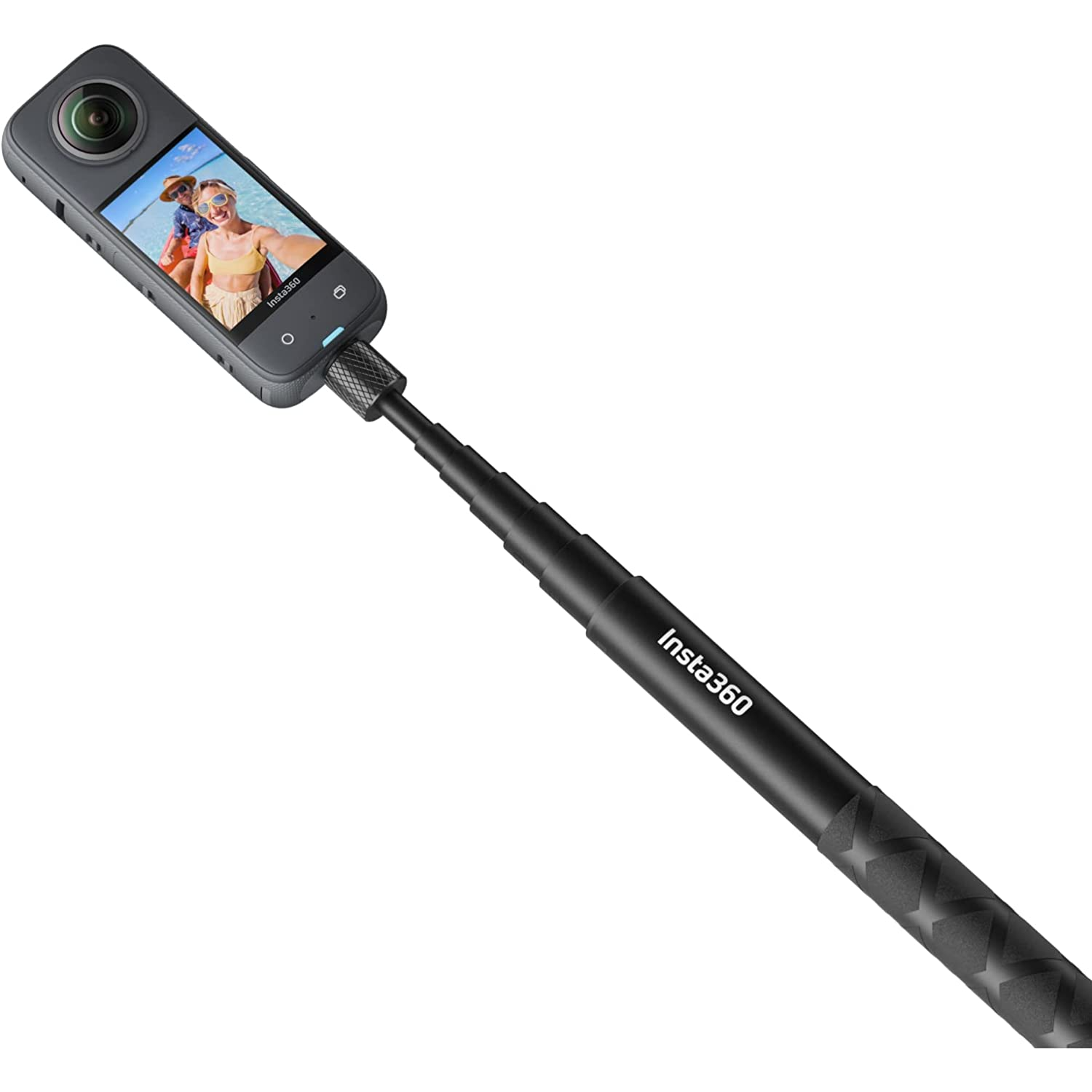 Insta360 camera with an extended selfie stick, showing a couple on its screen.