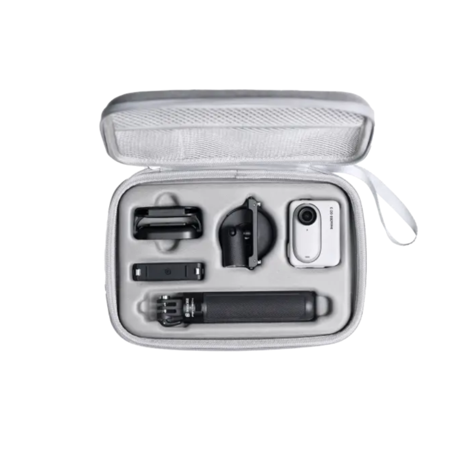 Camera and accessories in a gray case, white background.