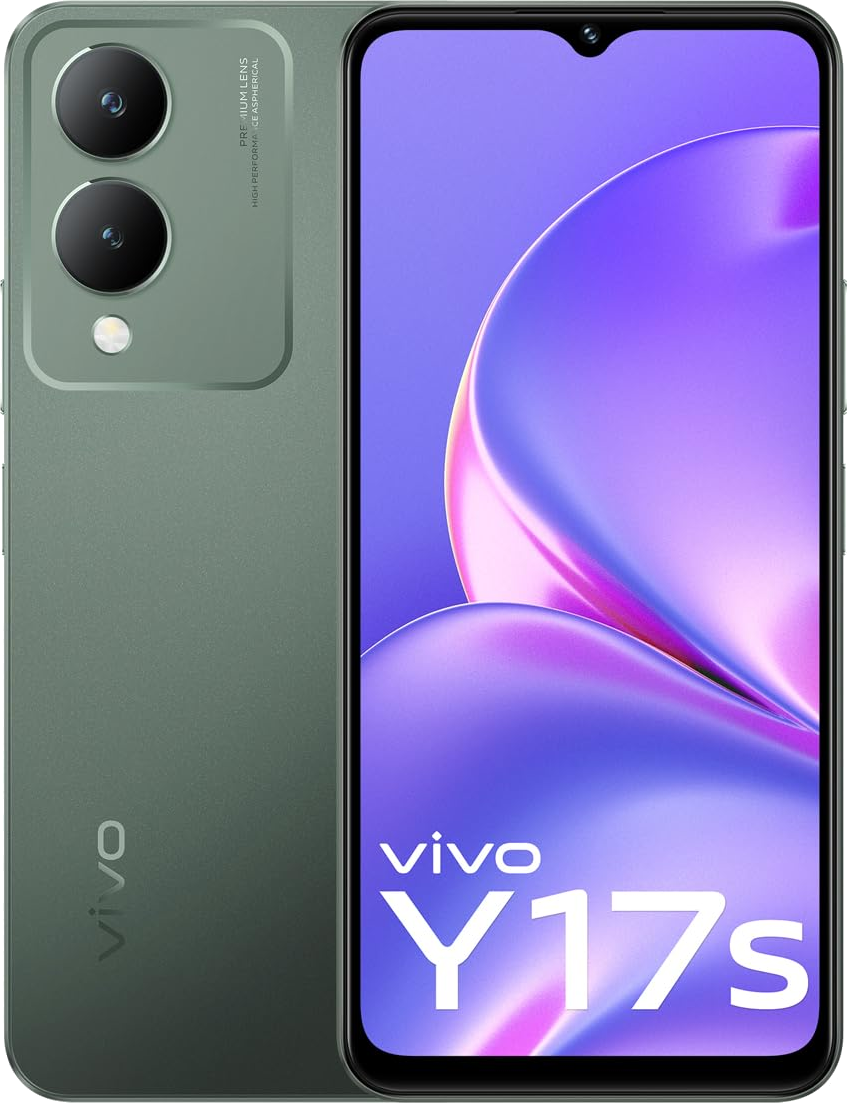 Vivo Y17s Smartphone, Vorder- und Rückansicht. Grüne Farbe. Duale Kamera.