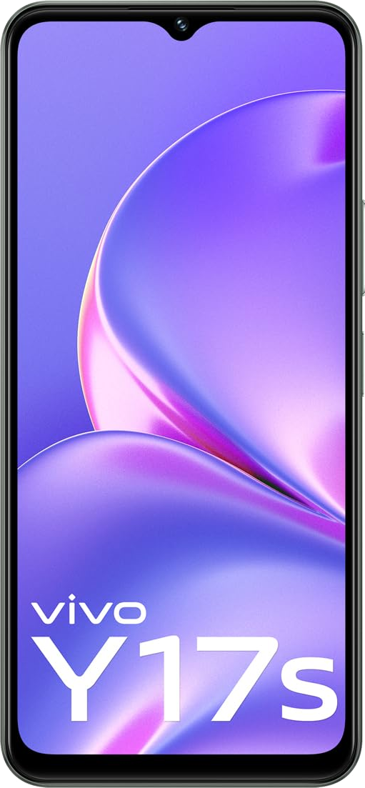 Vivo Y17s Telefon auf weißem Hintergrund. Lila-rosa Farbverlauf Rückseite. Frontansicht. Schwarzer Rahmen.