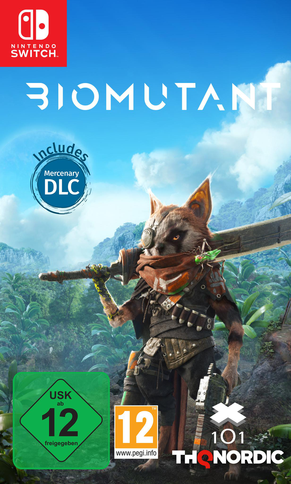 Nintendo Switch-Spiel, Biomutant. Ein waschbärähnliches Wesen hält ein Schwert. Blauer Himmel und grünes Gelände.