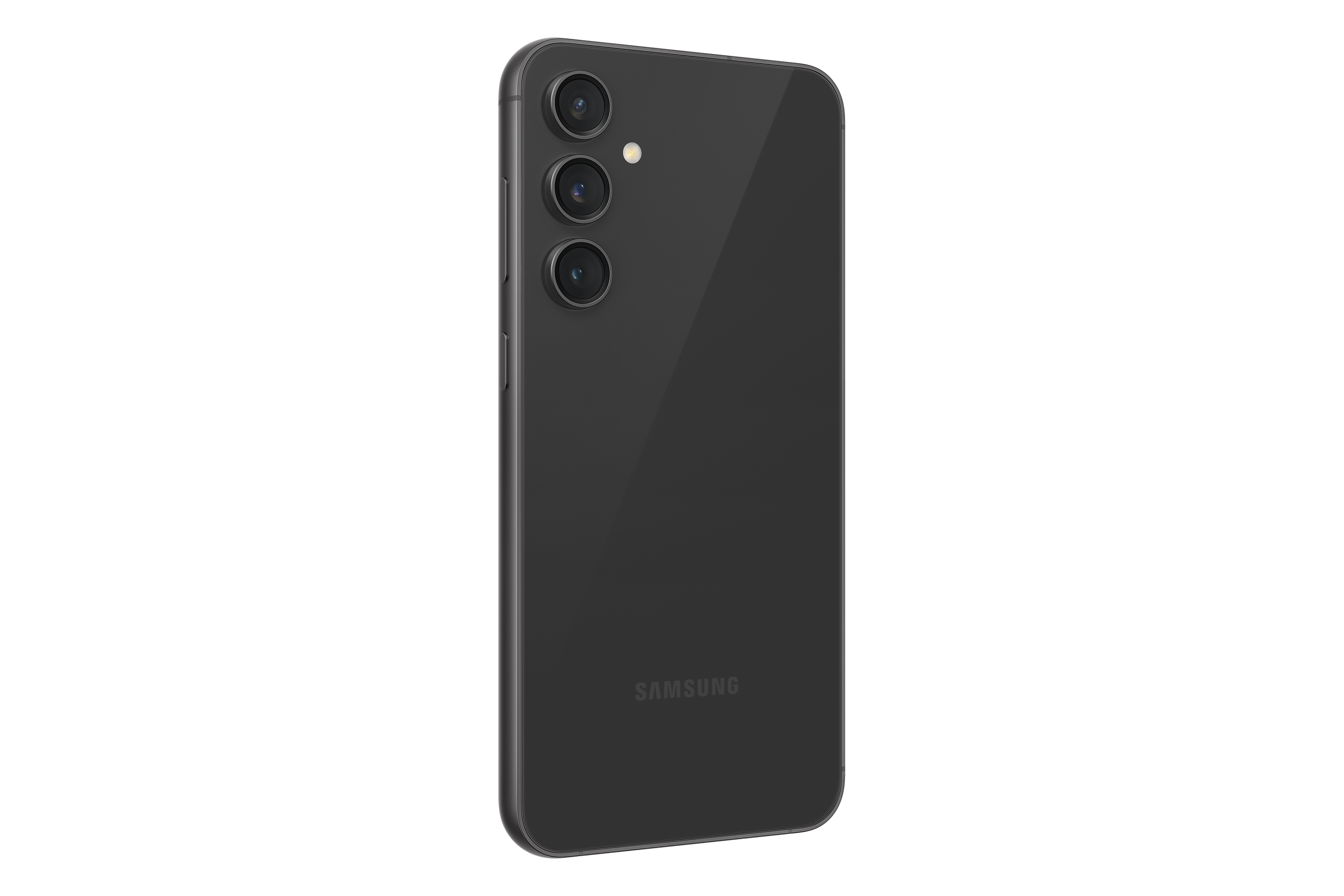 Koyu gri bir Samsung telefonun arkadan görünümü.