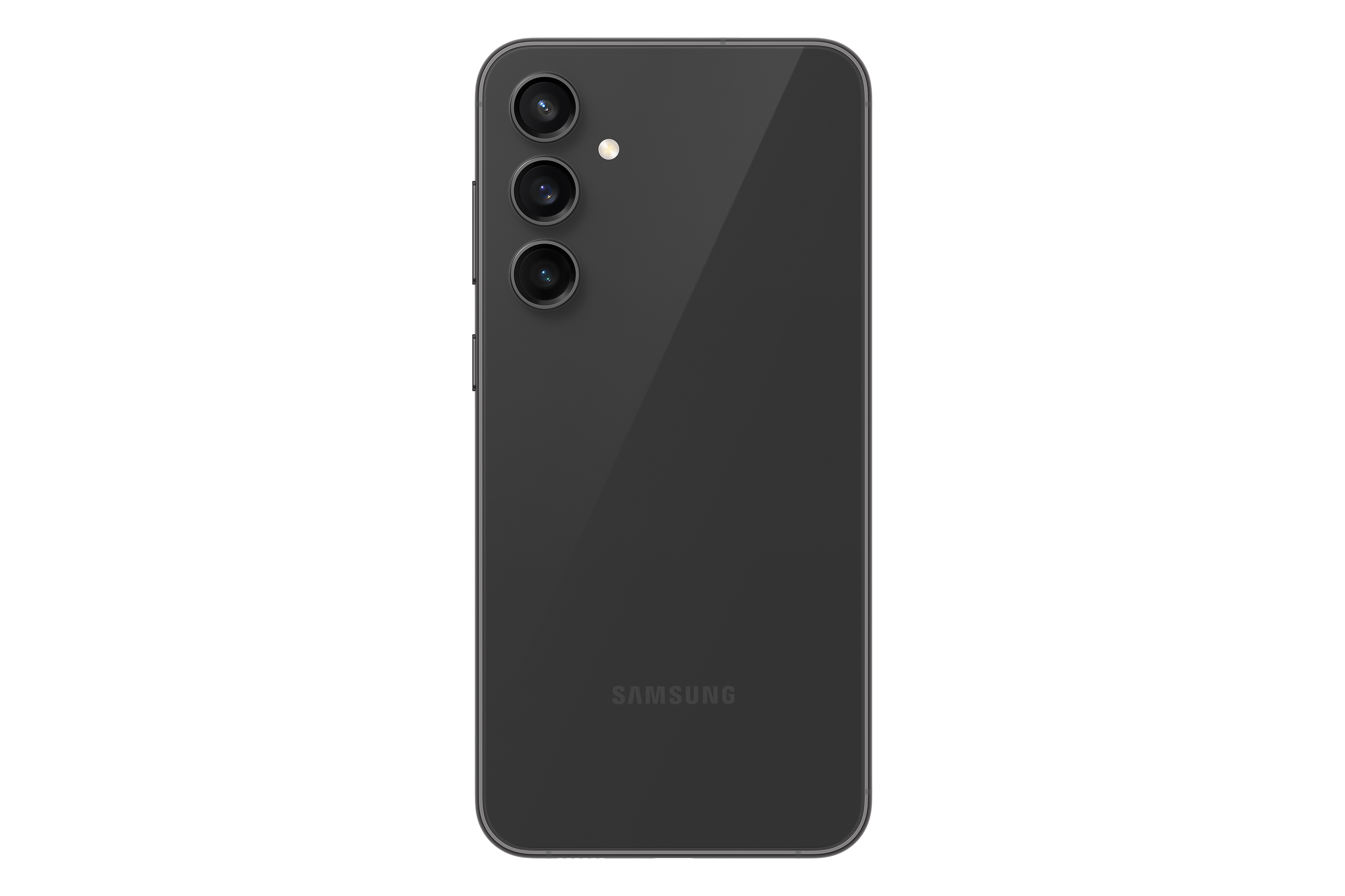 Üç kamerası ve Samsung logosu bulunan koyu gri bir Samsung telefonun arkası.