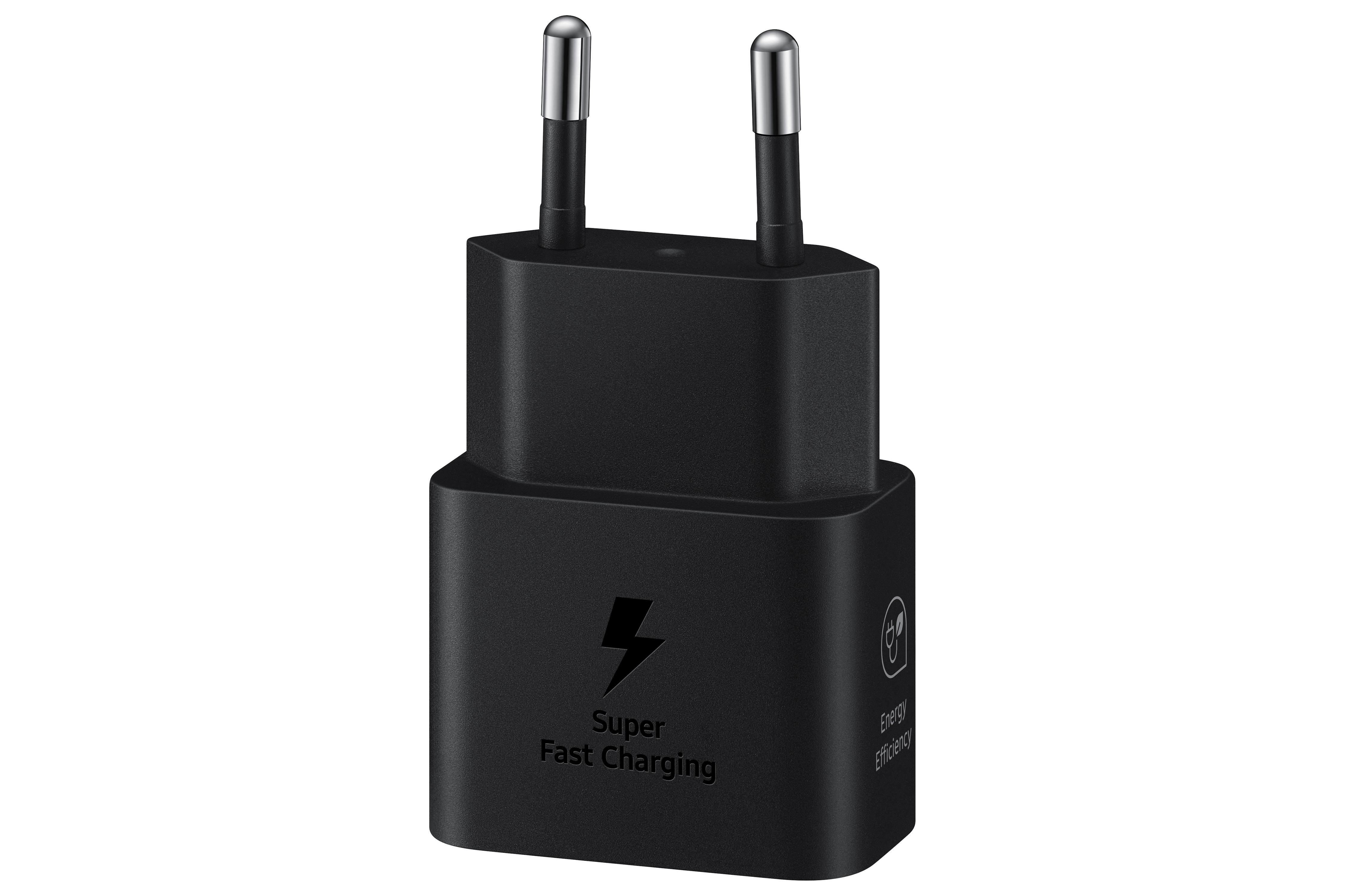 Schwarzes Samsung-Ladegerät mit zwei Stiften. Es steht 'Super Fast Charging' und hat einen Blitz.