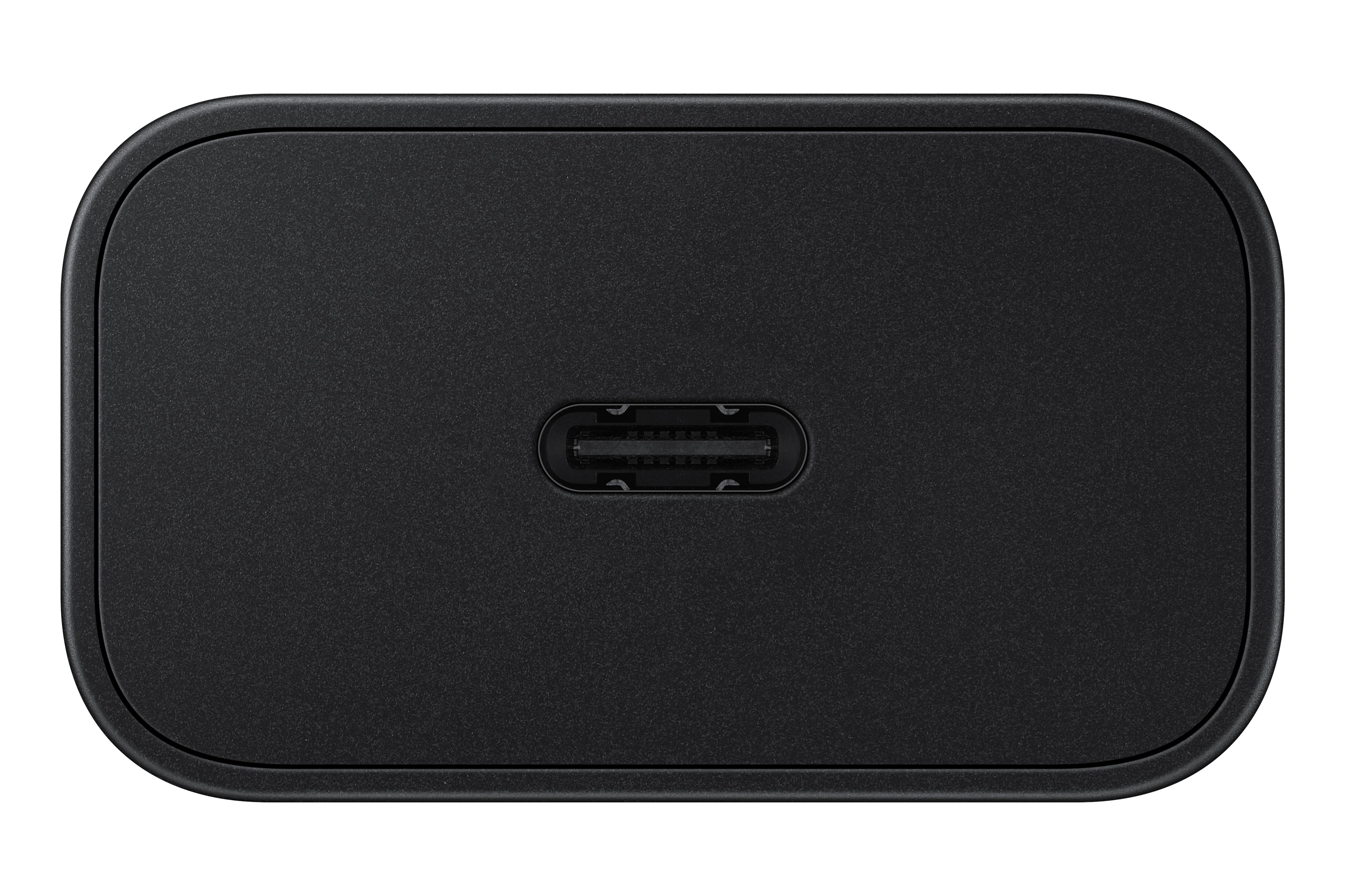 Schwarzes Netzteil mit USB-C-Anschluss. Rechteckig mit abgerundeten Kanten.