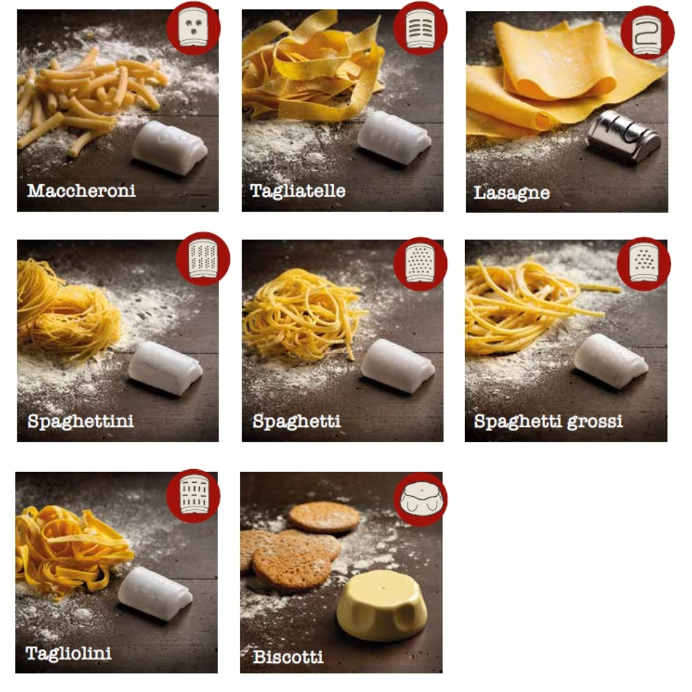 Tésztaválaszték: maccheroni, tagliatelle, lasagne, spaghettini, spagetti, spaghetti grossi, tagliolini és biscotti.