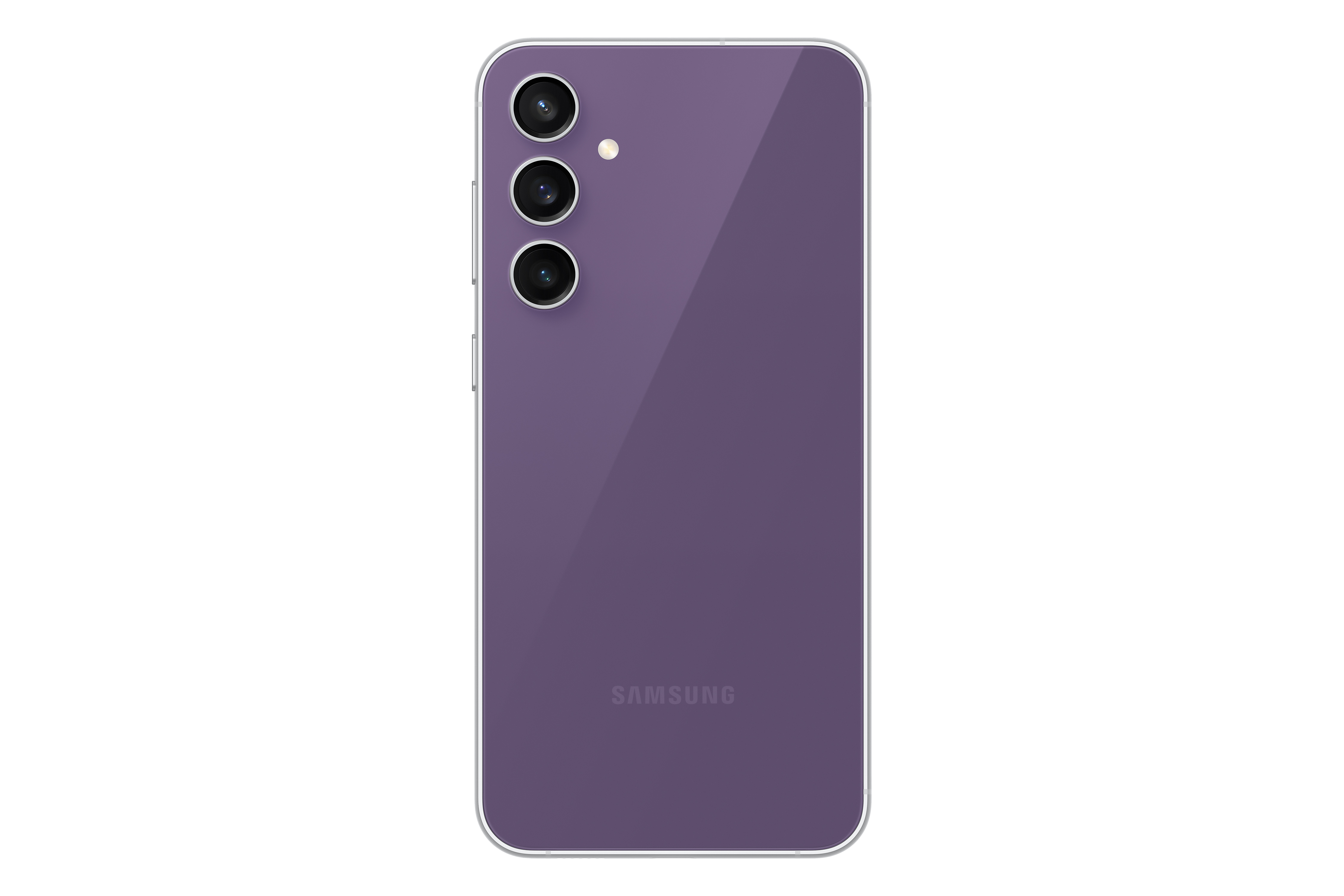 Mor renkli üç kameralı bir Samsung akıllı telefonun arka görünümü.