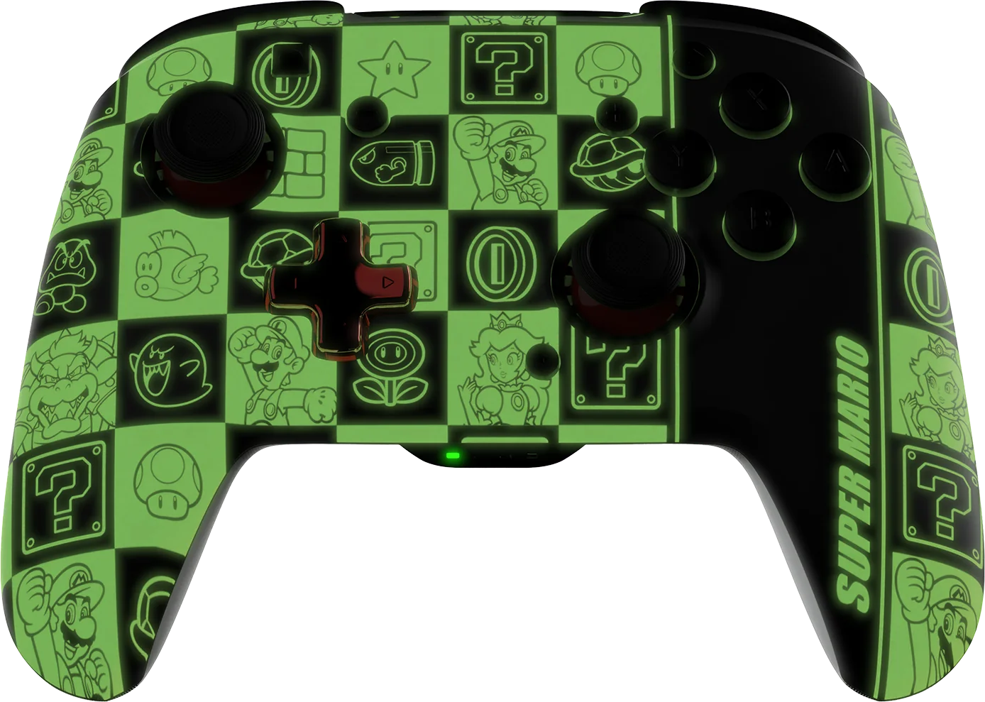 Controller di Super Mario che si illumina al buio con varie icone.