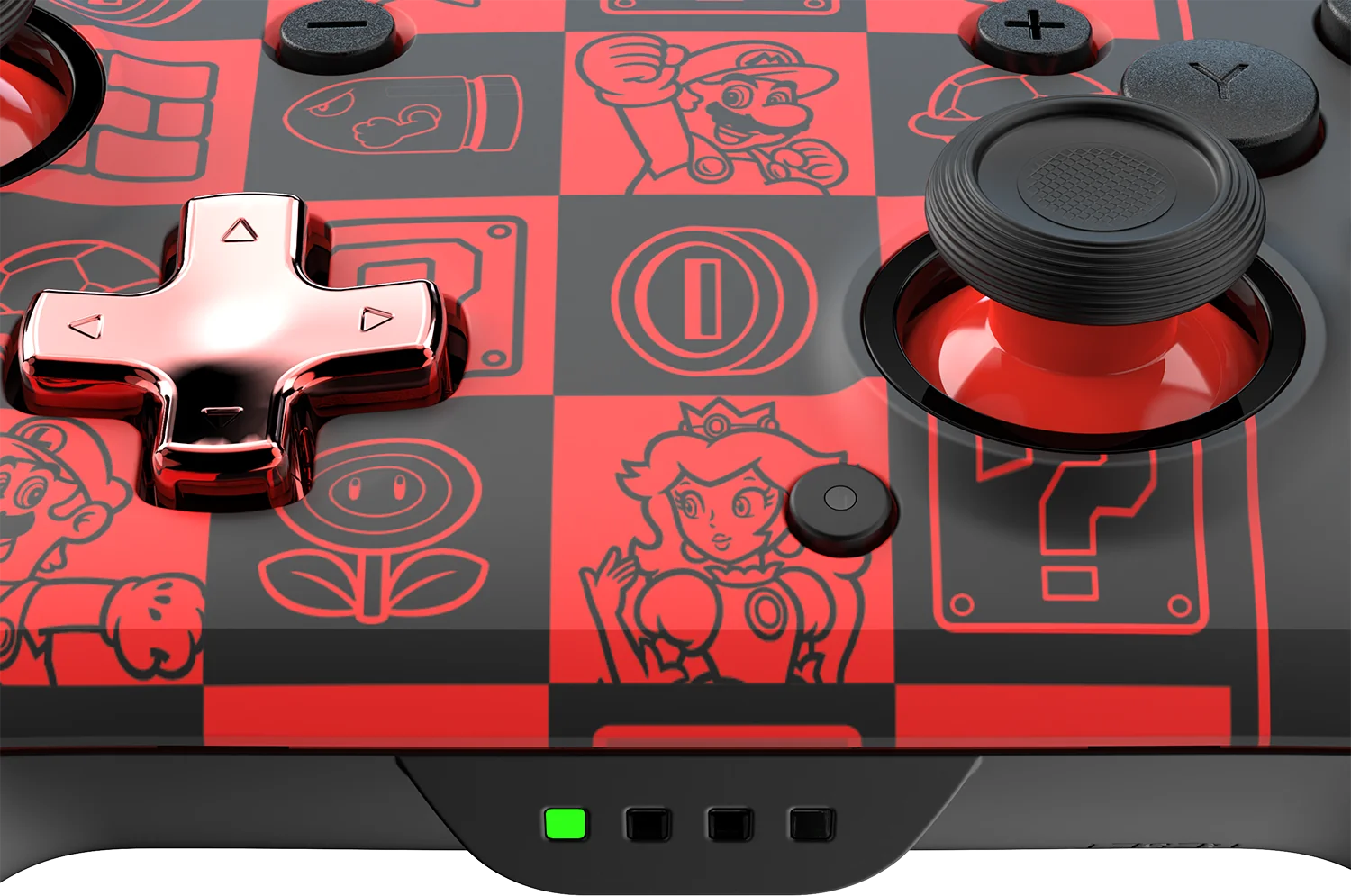 Primo piano di un controller Nintendo Switch rosso e nero. Il controller ha design a tema Mario.