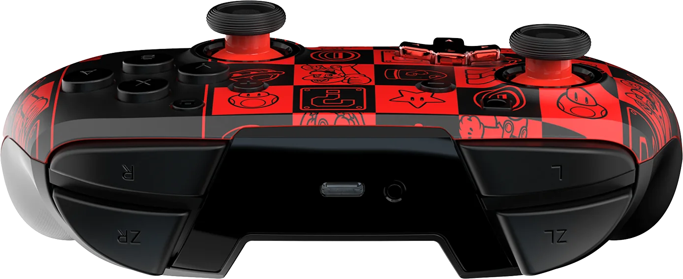 Un controller Nintendo nero con pulsanti rossi e design di Mario, visto dal basso.