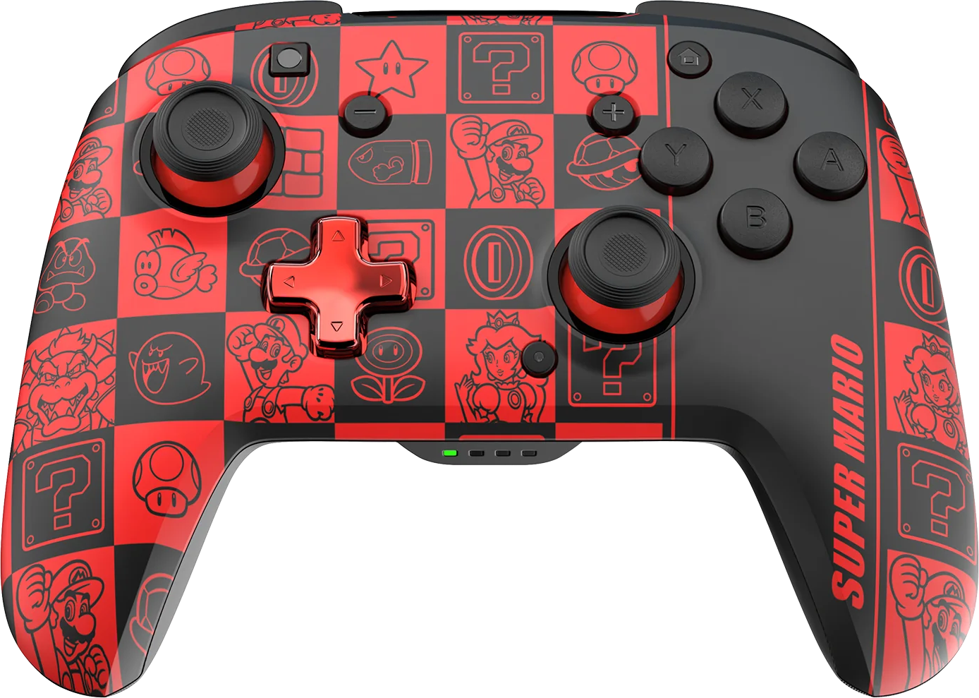 Un controller Nintendo Switch di Super Mario, design nero e rosso, con personaggi di Mario.