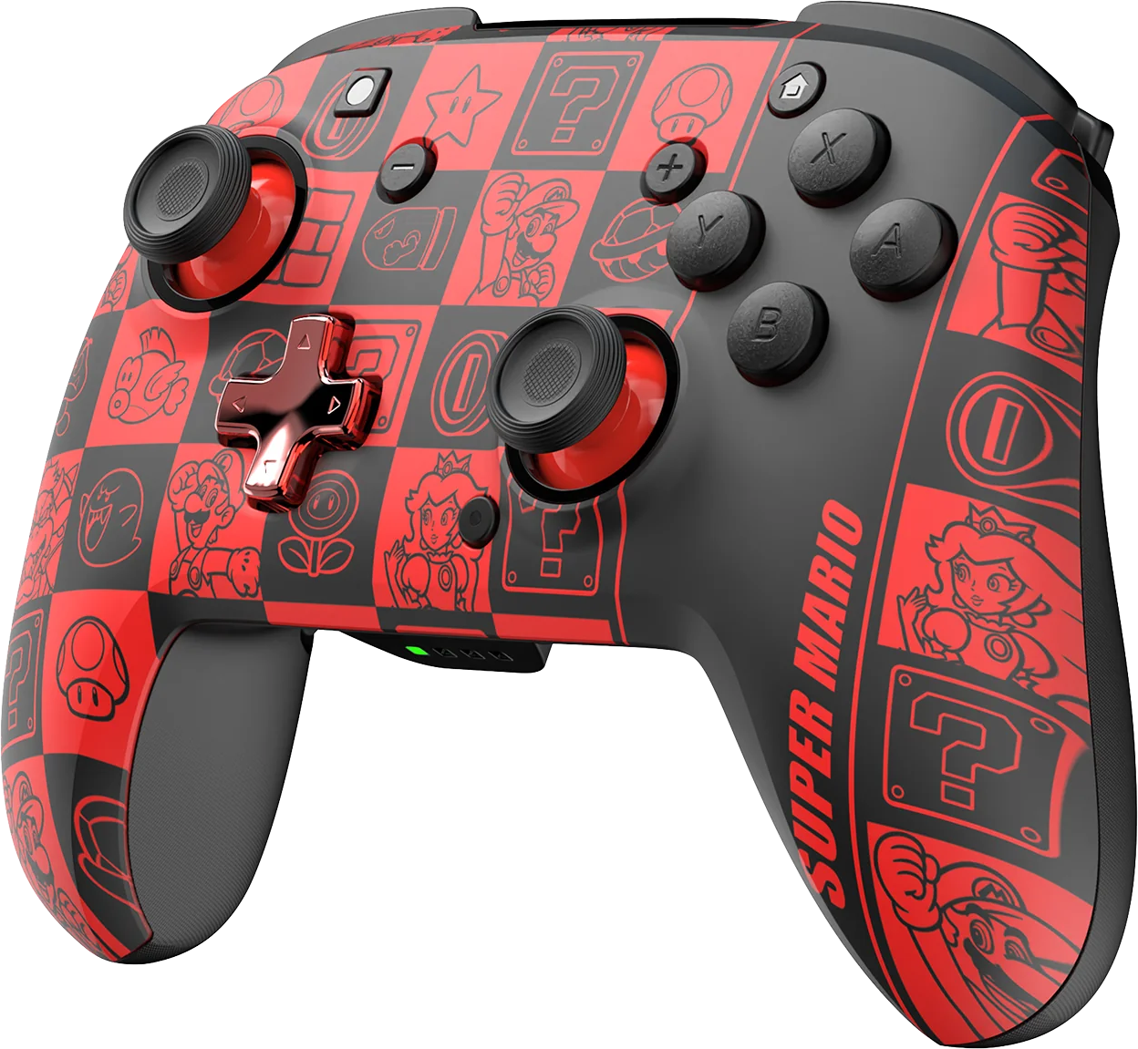 Un controller di Super Mario rosso e nero, con pulsanti rossi e design a tema Mario.