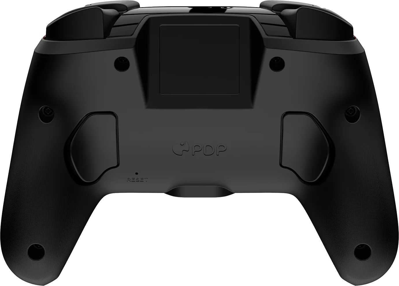 Controller di gioco nero, vista posteriore. Il retro ha un pulsante quadrato e due grip.