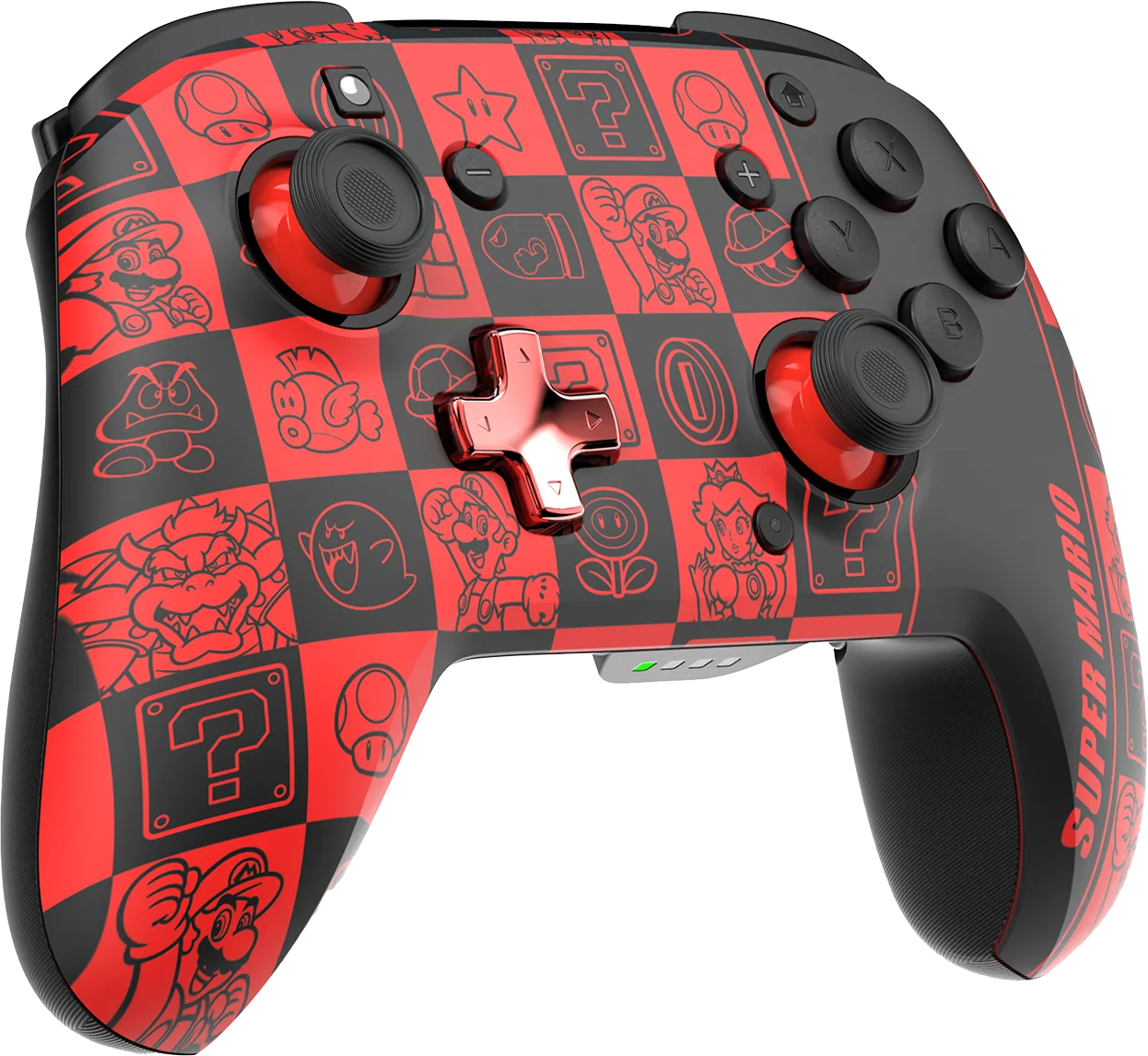 Controller Nintendo Switch rosso e nero con grafica di personaggi dei cartoni animati.