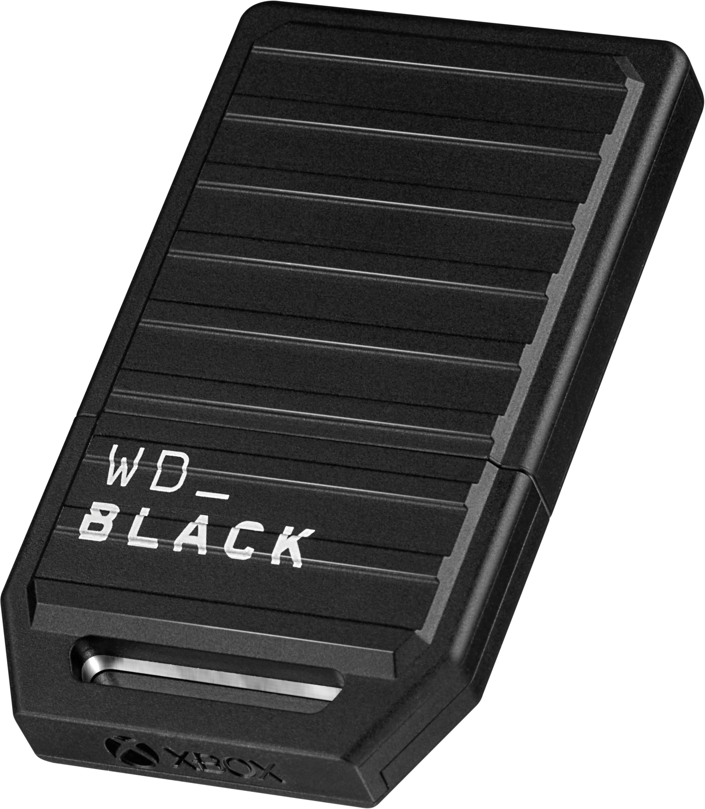 Zwarte WD_BLACK externe harde schijf met het Xbox-logo. De schijf is rechthoekig.