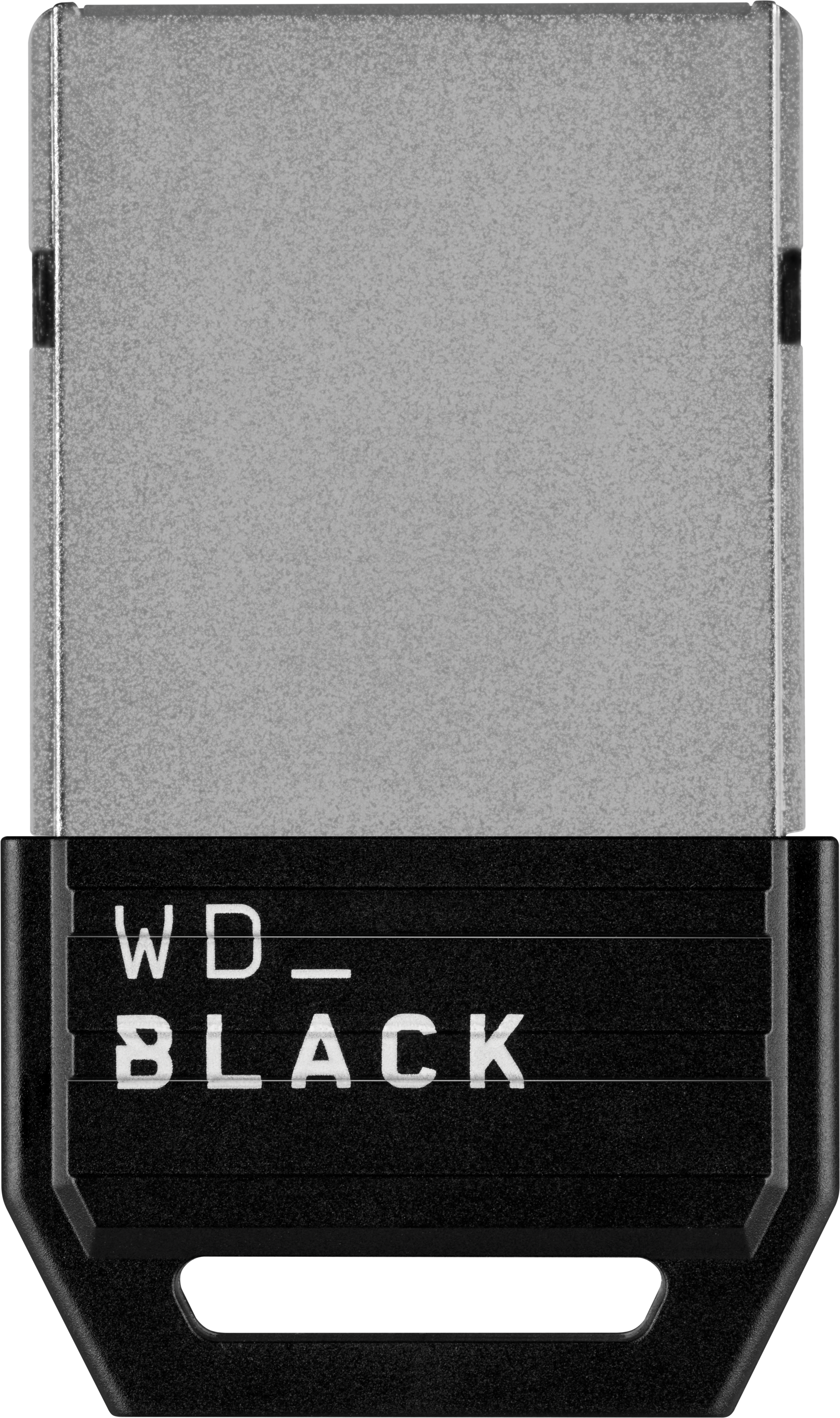 Een zilveren en zwarte WD_BLACK USB-drive, met de merknaam zichtbaar.