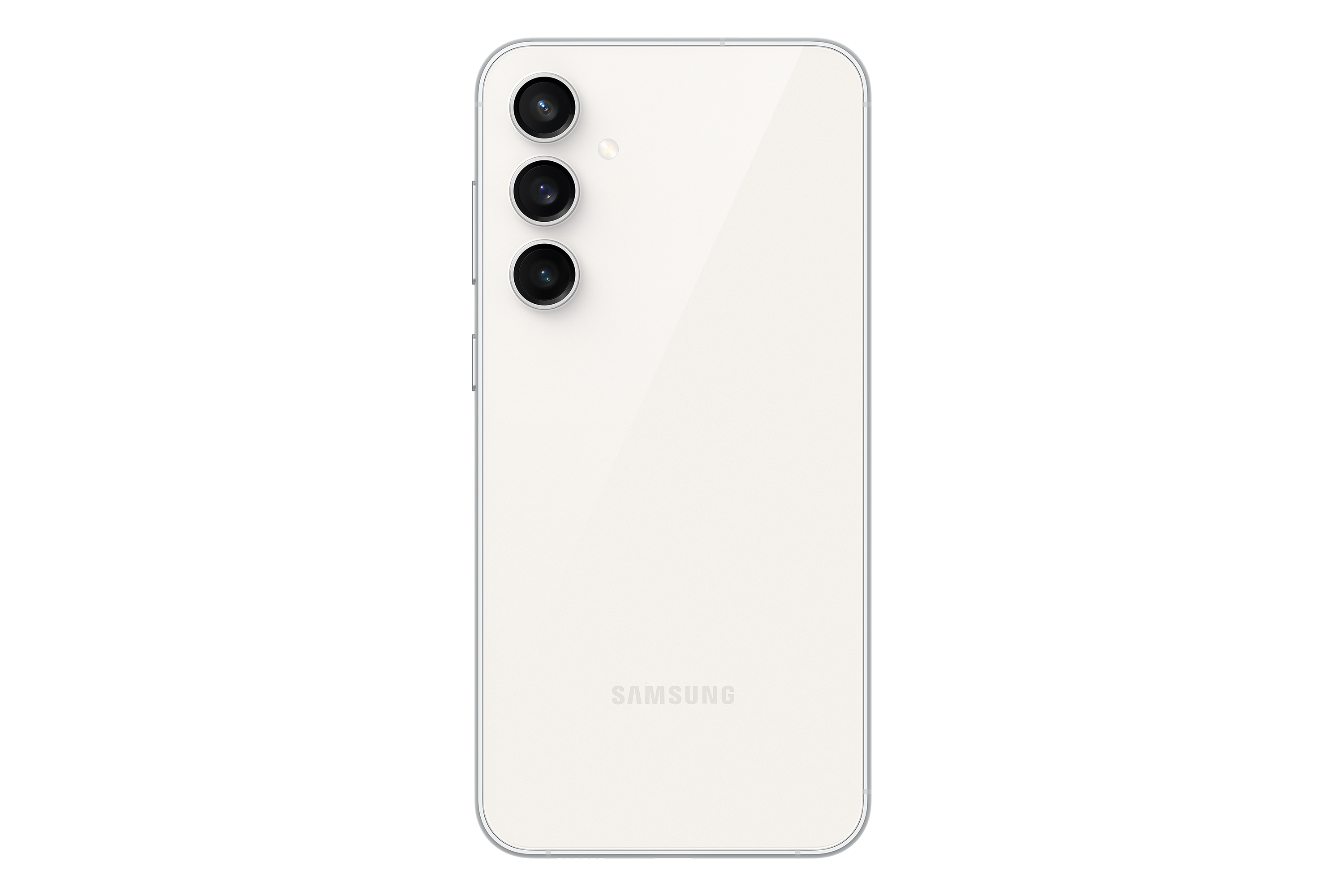 Beyaz bir Samsung akıllı telefonun arkadan görünümü, sol üst tarafta üç kamera merceği ile.