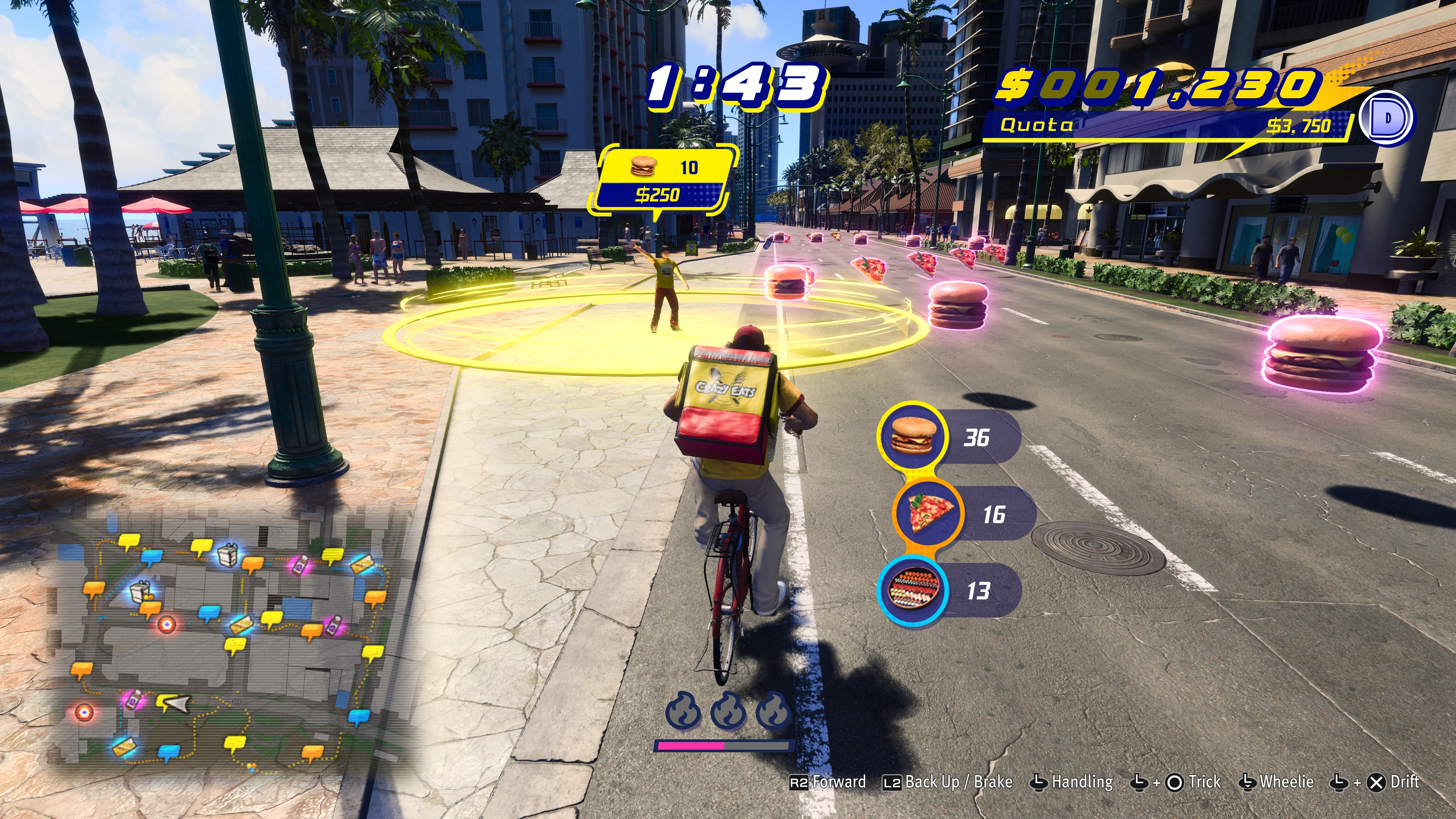 Un cycliste dans une rue, collectant des aliments dans un jeu.
