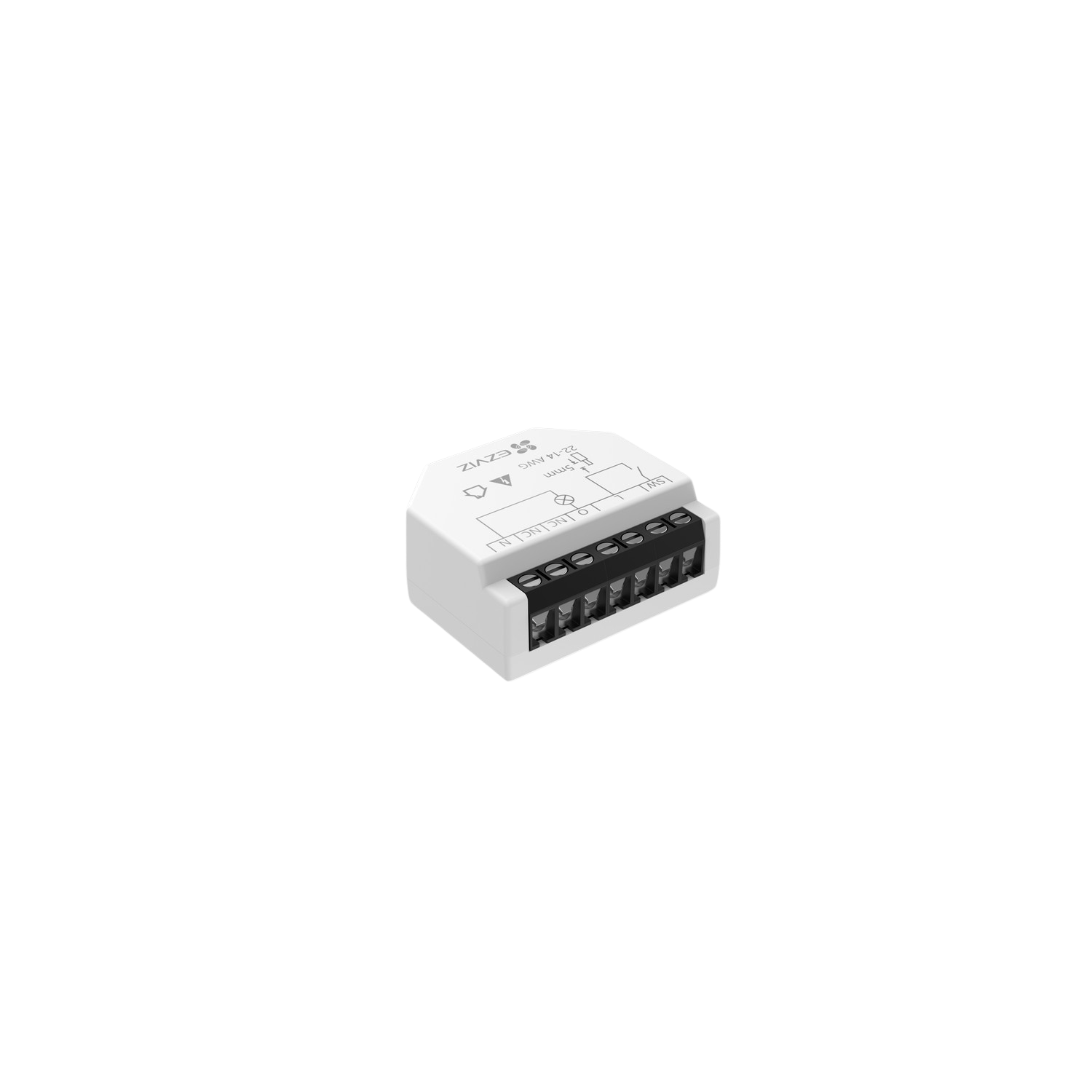 Wit elektronisch component met verschillende zwarte aansluitklemmen.