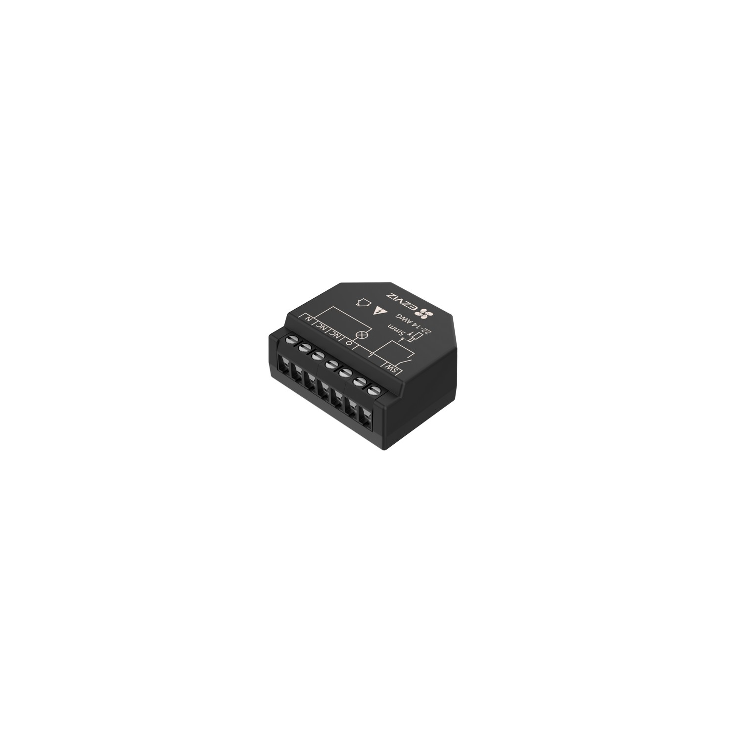 Zwarte elektronische module met connectoren. Het heeft verschillende aansluitingen en een label.