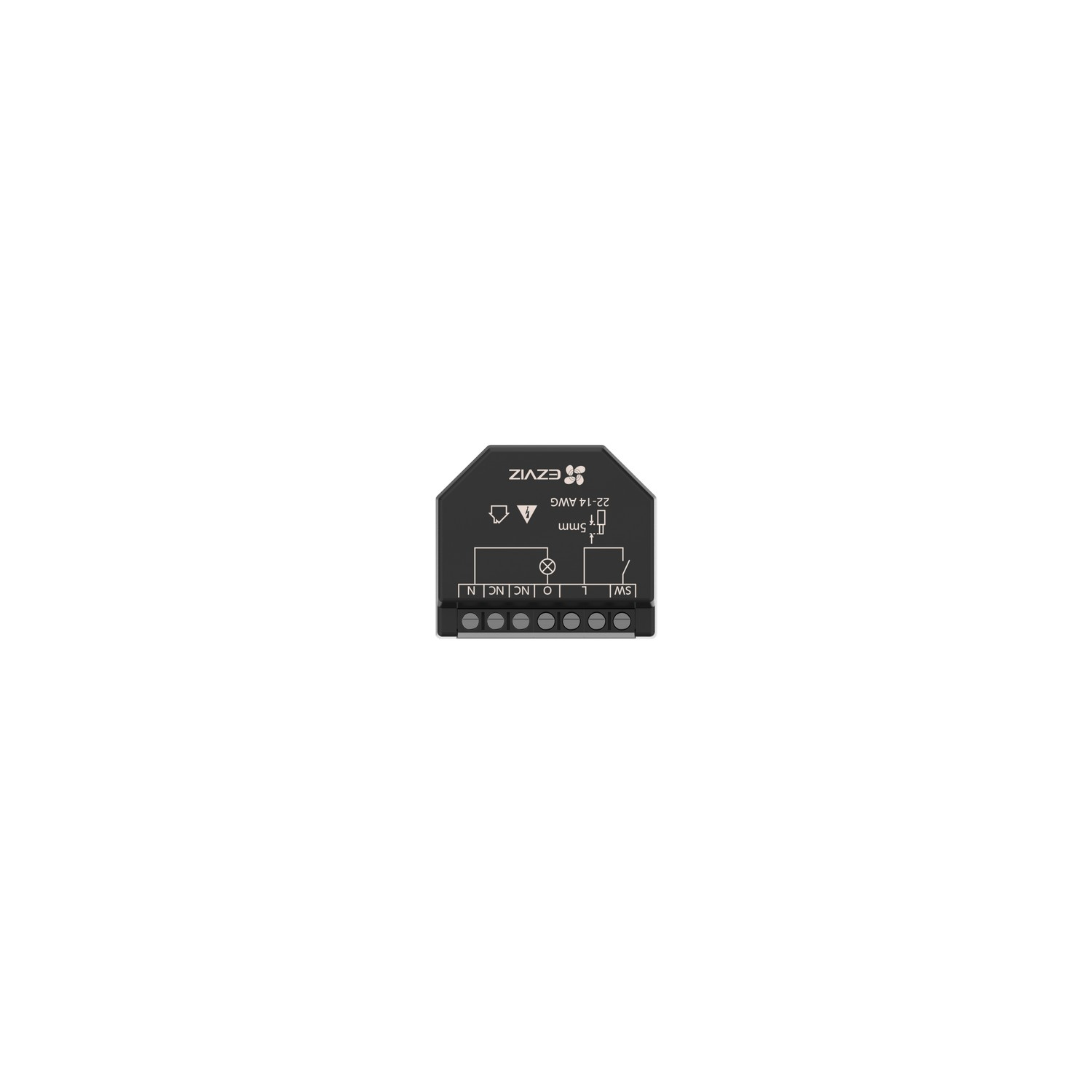 Zwart EZVIZ slimme huisrelais module met connectoren en labels.