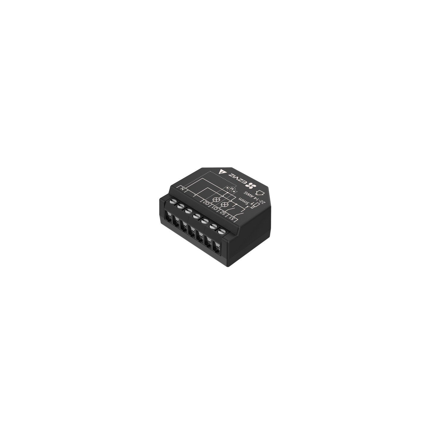 Zwart elektrisch component met aansluitingen en labels, op een wit oppervlak.