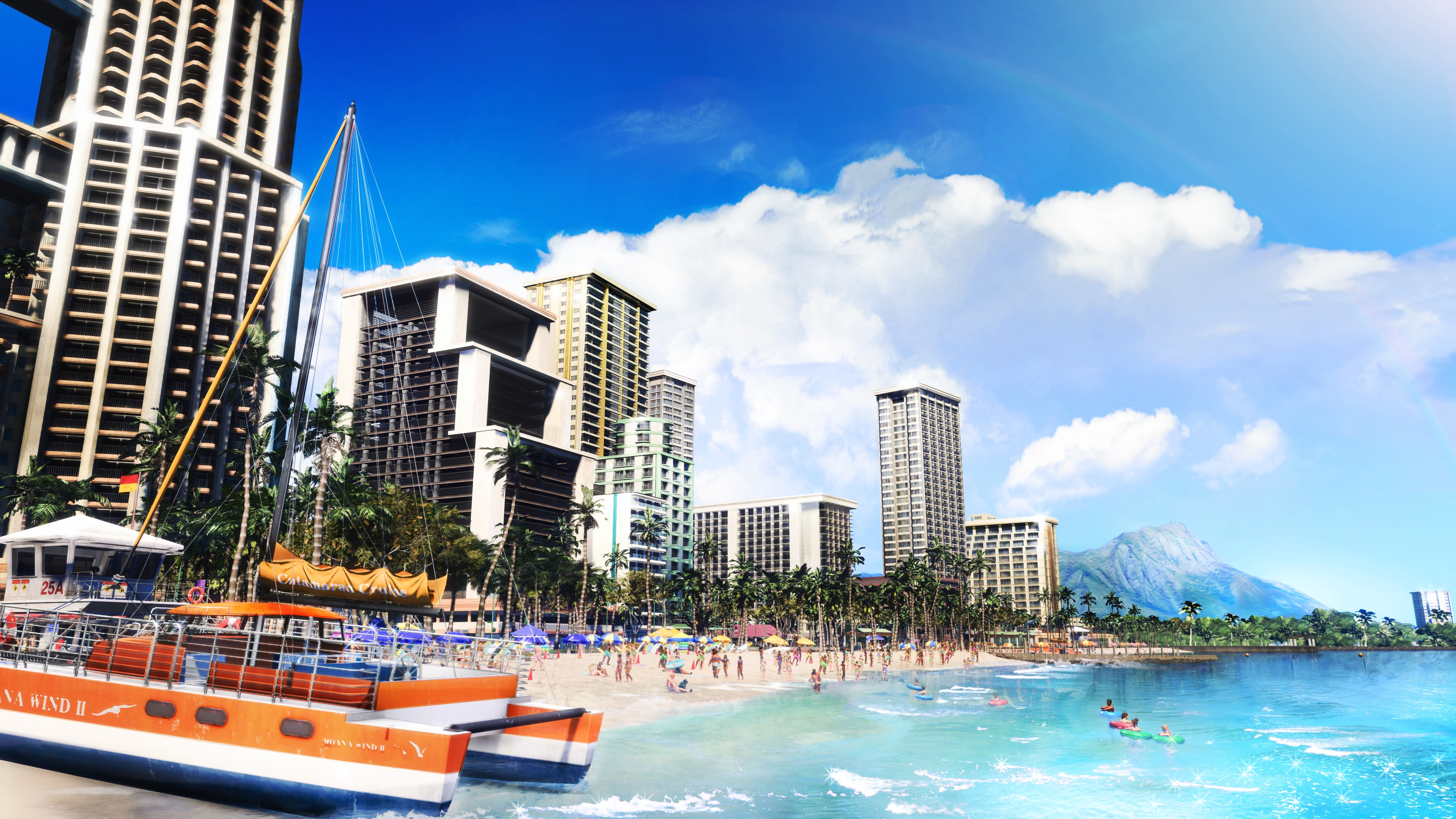 Scena di spiaggia con edifici, barche, persone e acqua blu. Arcobaleno.
