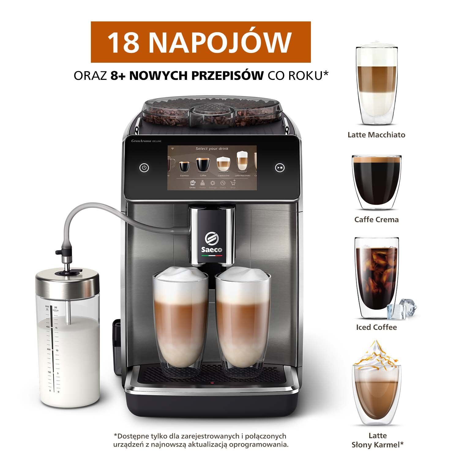 Ekspres do kawy z opcjami napojów, przygotowane szklanki kawy i pojemnik na mleko.