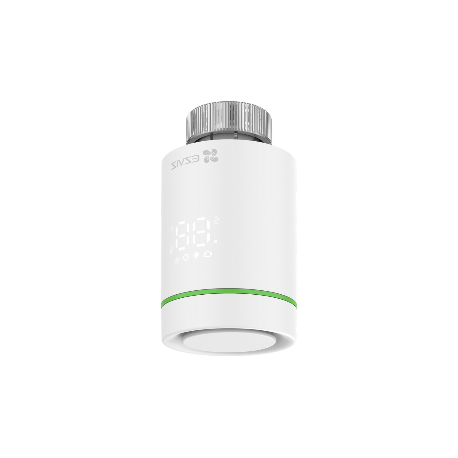 A white smart thermostat with a green accent and digital display, isolated on white.