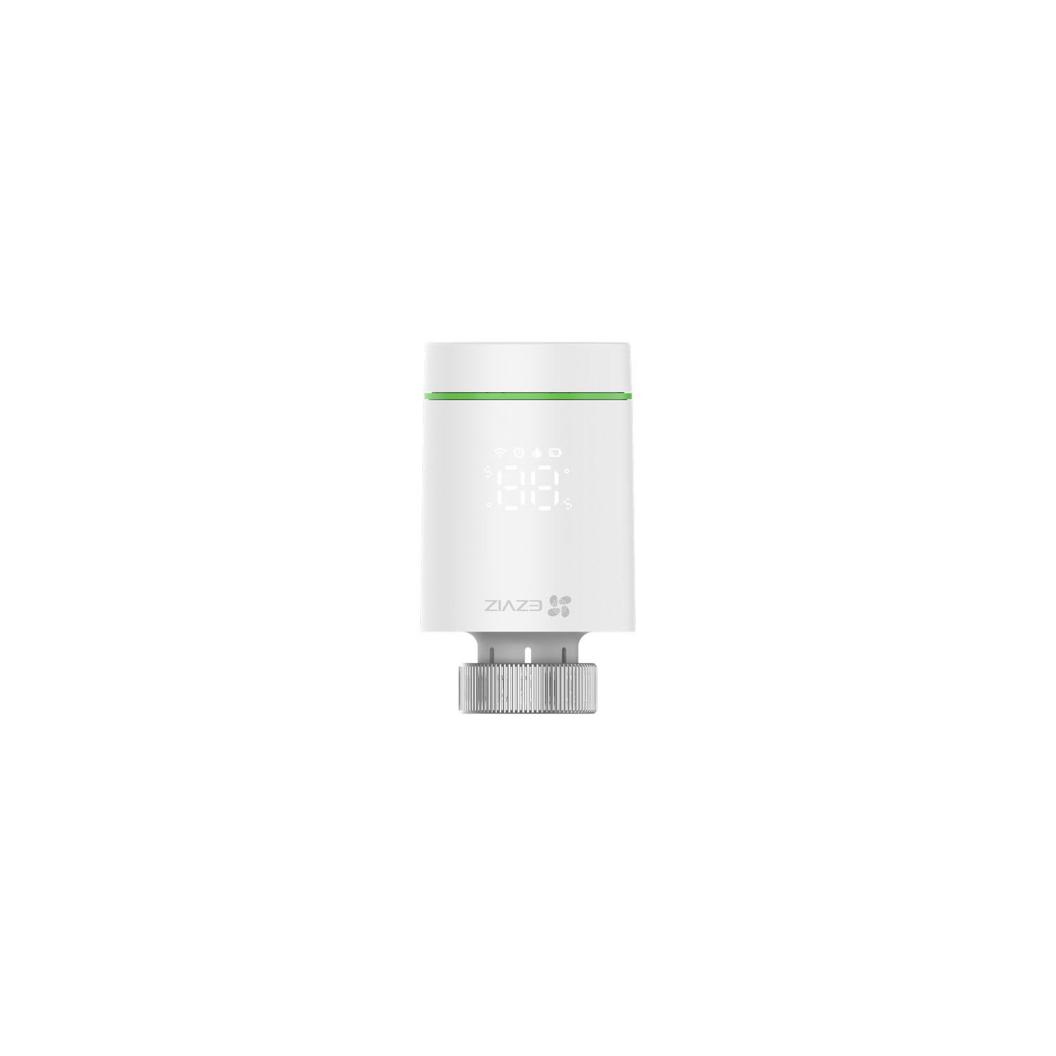 White smart thermostat with a green stripe and a digital display showing temperature. The EZVIZ logo is visible.