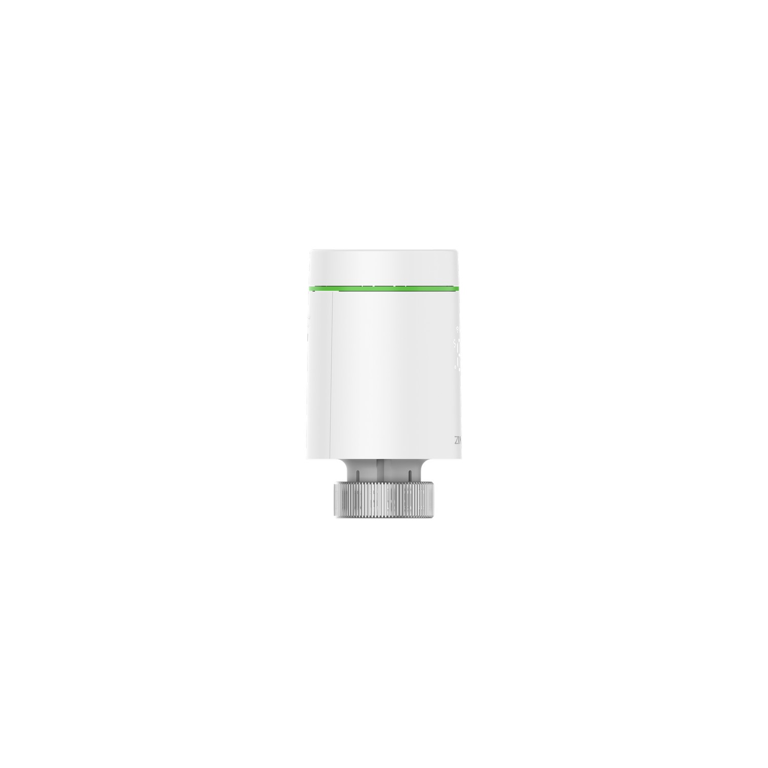 White smart thermostat with a green stripe. It is on a white background.