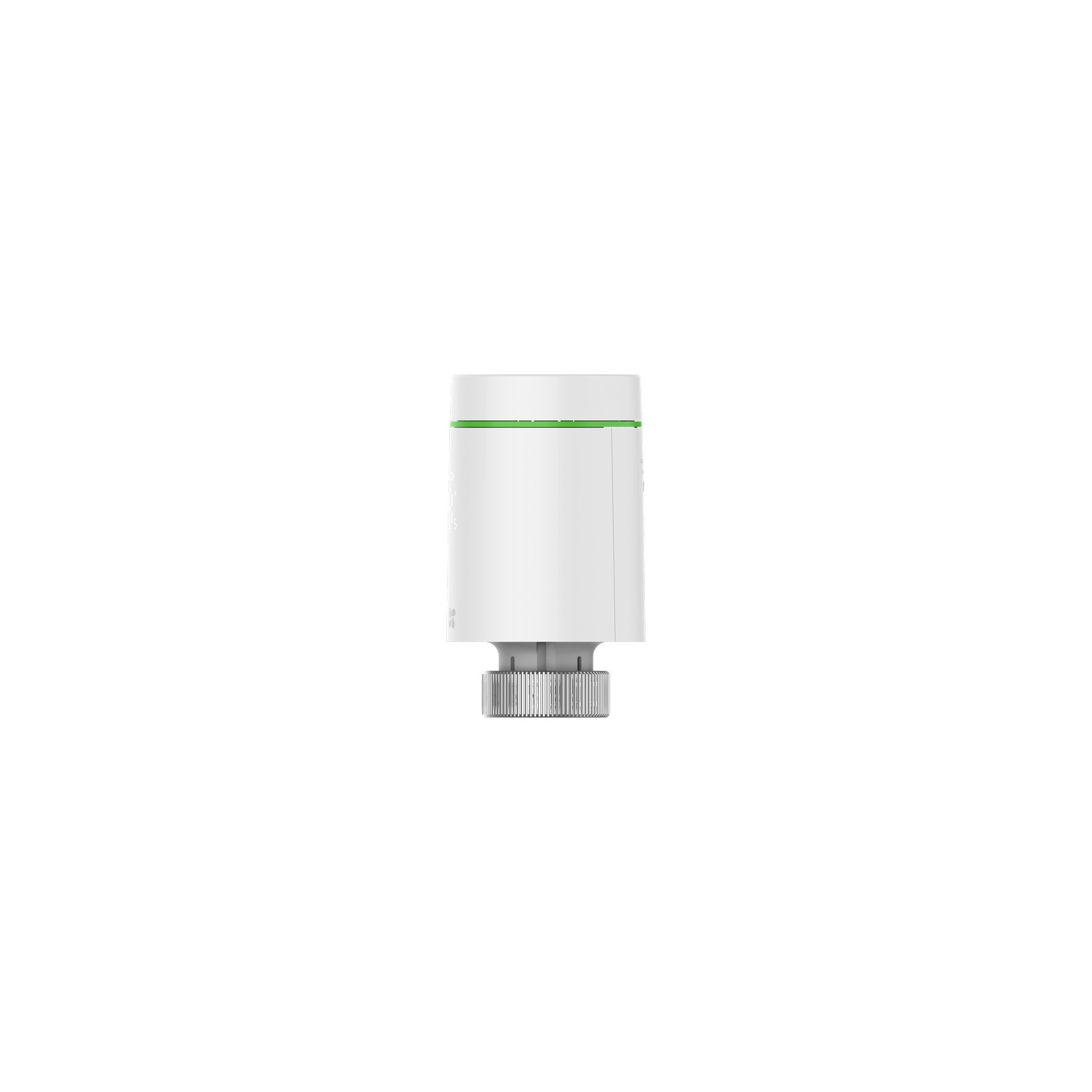 White smart thermostat with green accent. Silver metallic base. Isolated on white background.