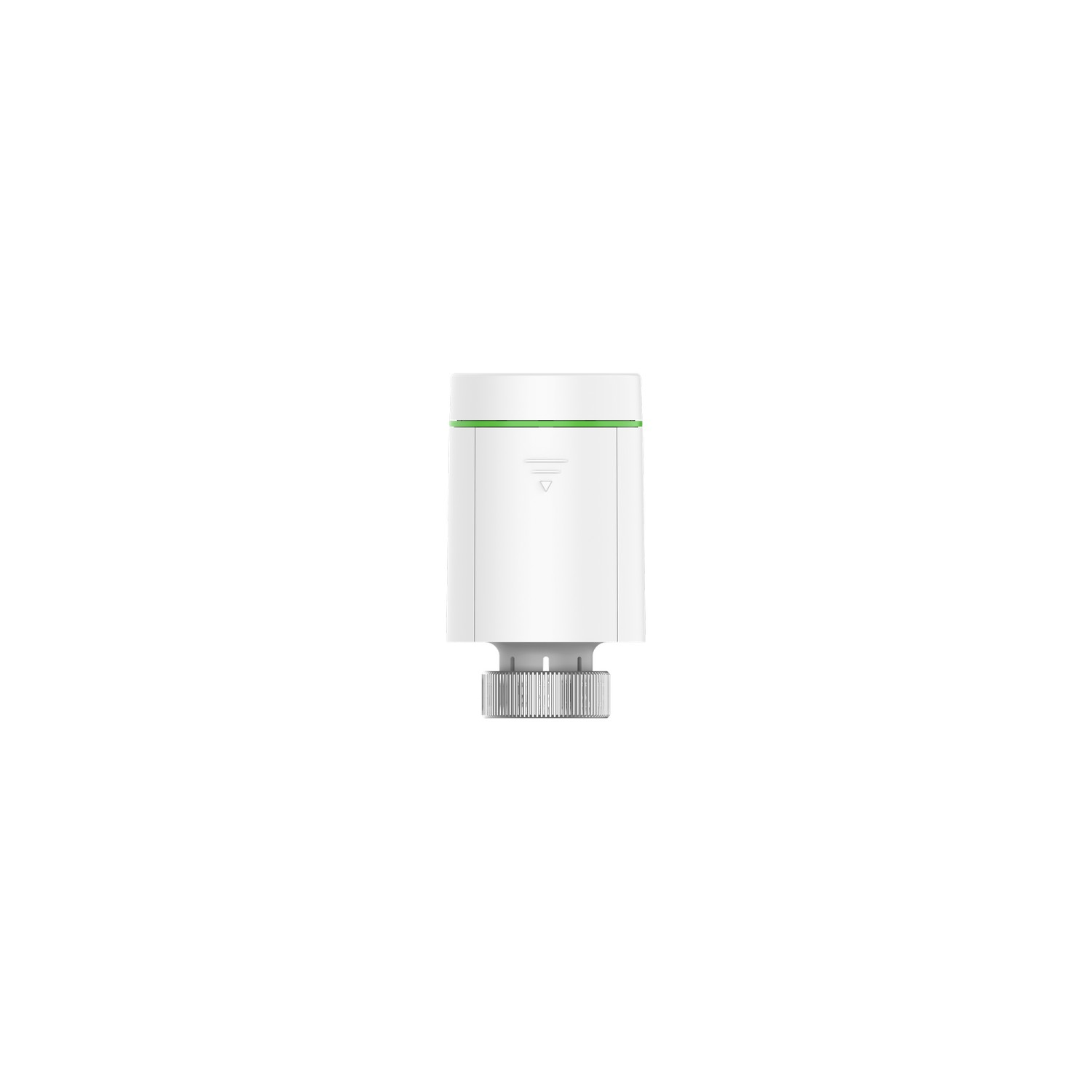 White smart thermostat on a white background. It has a green indicator light and a silver dial.