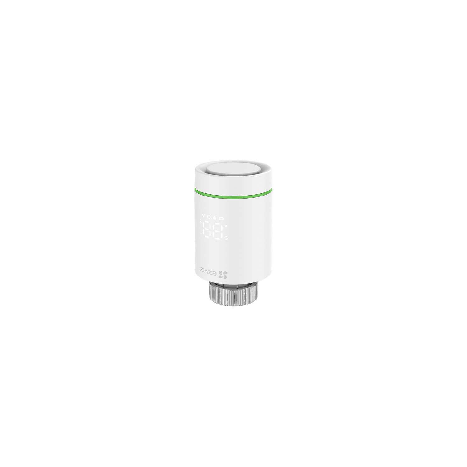 A white smart thermostat against a white background.