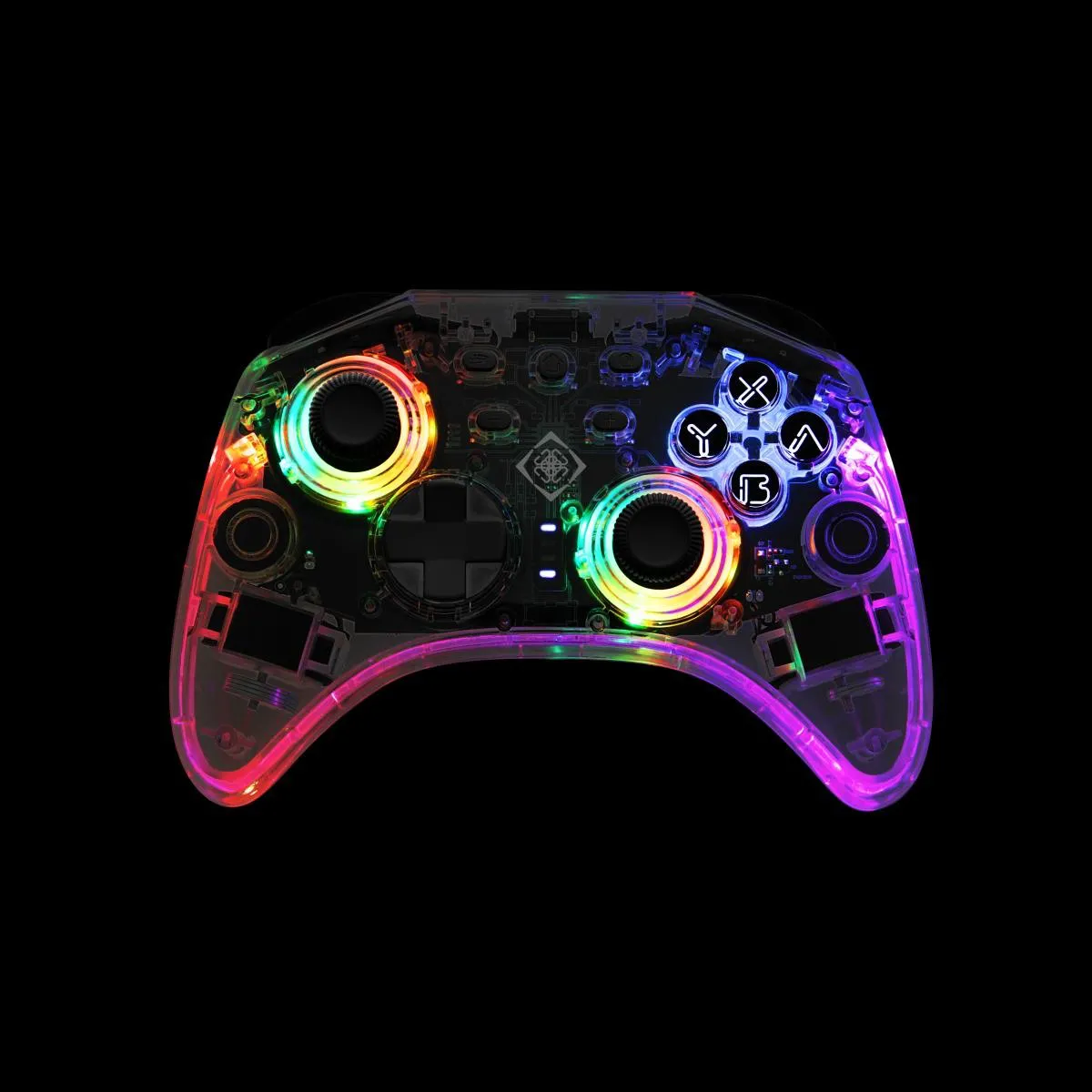 Un controller di gioco trasparente con luci colorate. Pulsanti e joystick sono visibili.