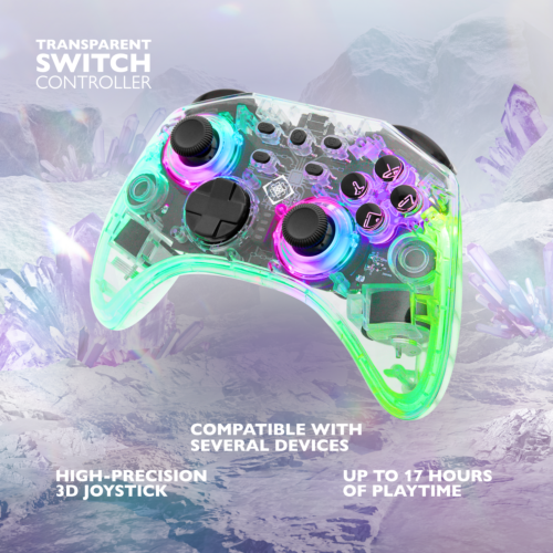 Controller Switch trasparente con luci colorate. Il testo dice 'Transparent Switch Controller'.