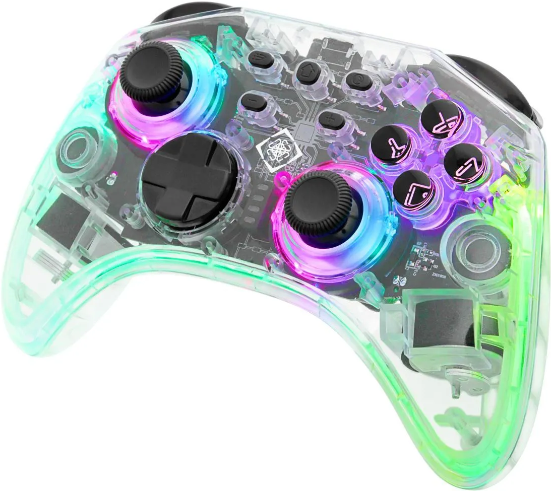 Un controller di gioco trasparente e colorato.