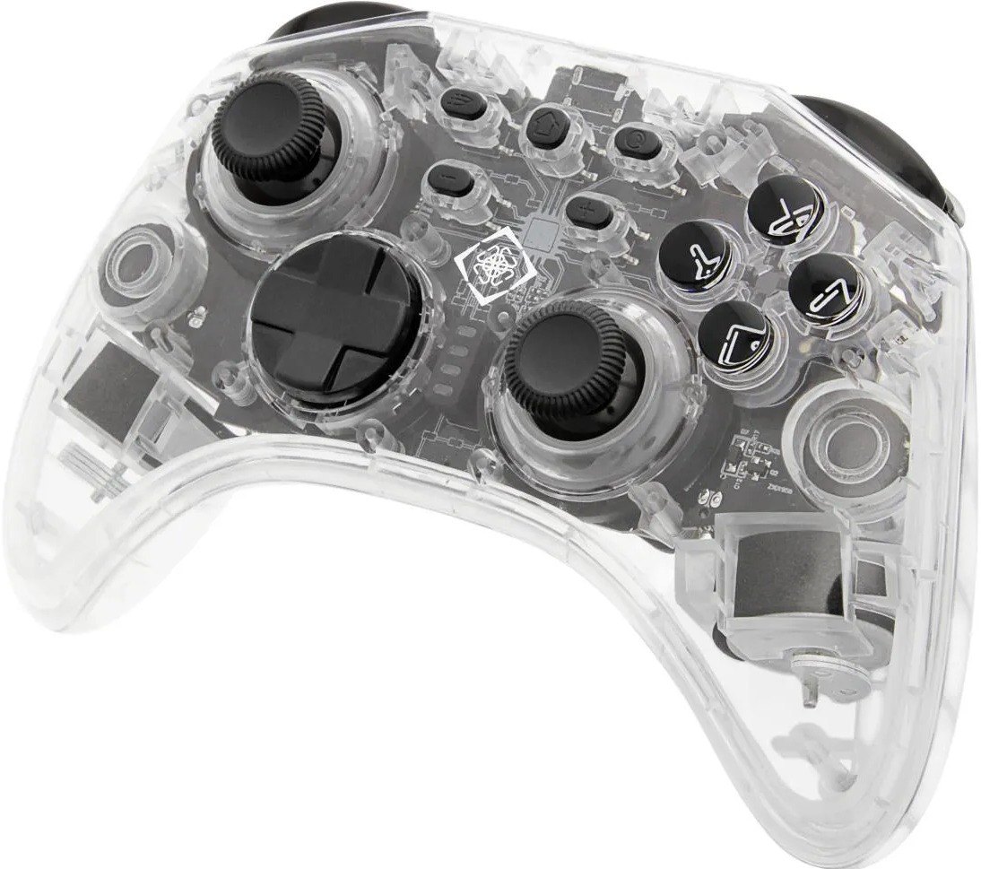 Controller di gioco trasparente con componenti interni visibili.