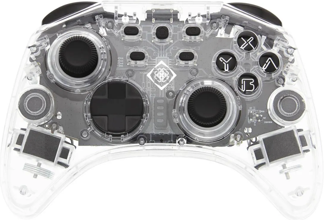 Controller di gioco trasparente che mostra i componenti interni e i pulsanti.