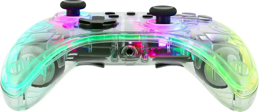 Controller di gioco trasparente con luci multicolore. Pulsanti, joystick e logo centrale visibili.