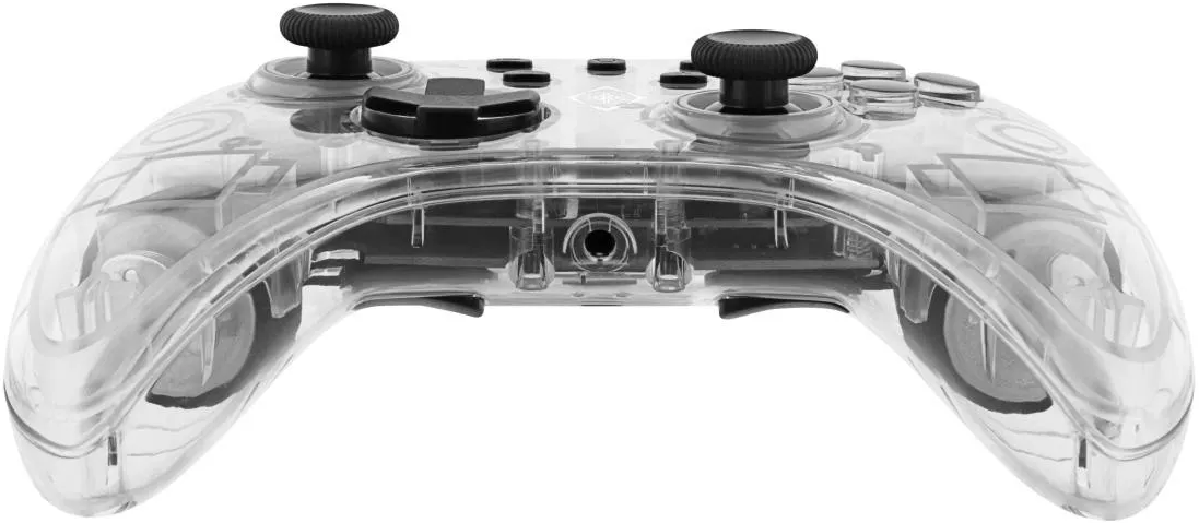 Un controller di gioco trasparente. Ha joystick, pulsanti e grilletti neri. Il design mostra i componenti interni.