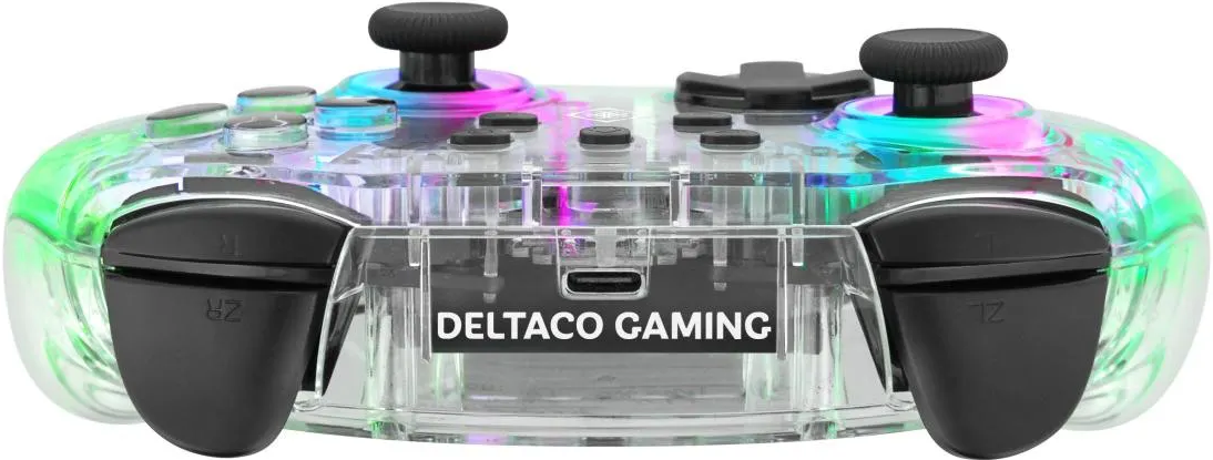 Un controller di gioco trasparente con pulsanti e joystick neri. Il marchio "DELTACO GAMING" è visibile.