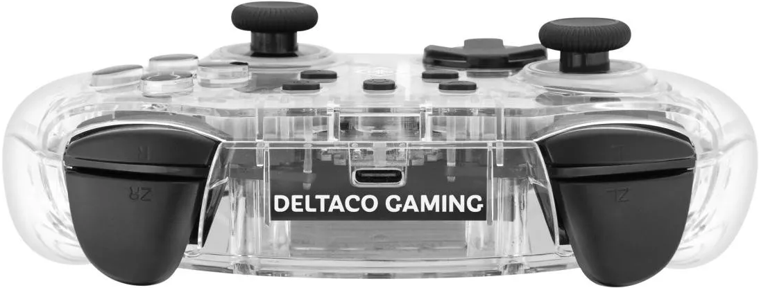 Controller di gioco trasparente con pulsanti e joystick neri, logo DeltaCo Gaming.
