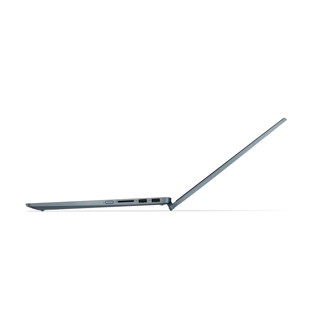Vista de perfil de un portátil. Abierto sobre fondo negro. Muestra puertos y bisagra.
