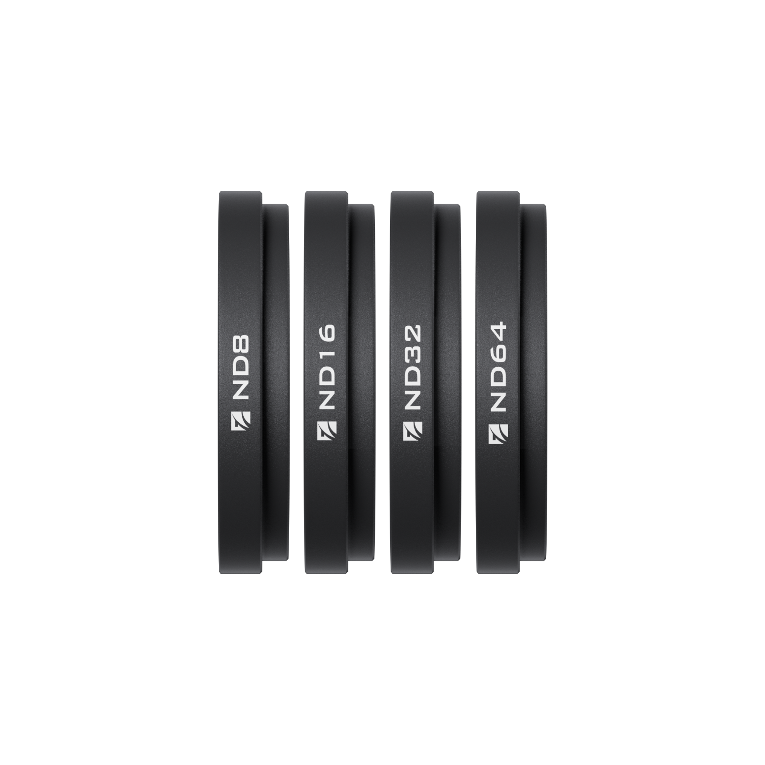 Four black camera lens filters labeled ND8, ND16, ND32, and ND64 on a black background.